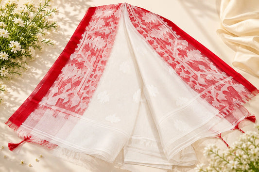 White Muslin Saree with Red Jamdani Inspired Woven Border & Buti Design