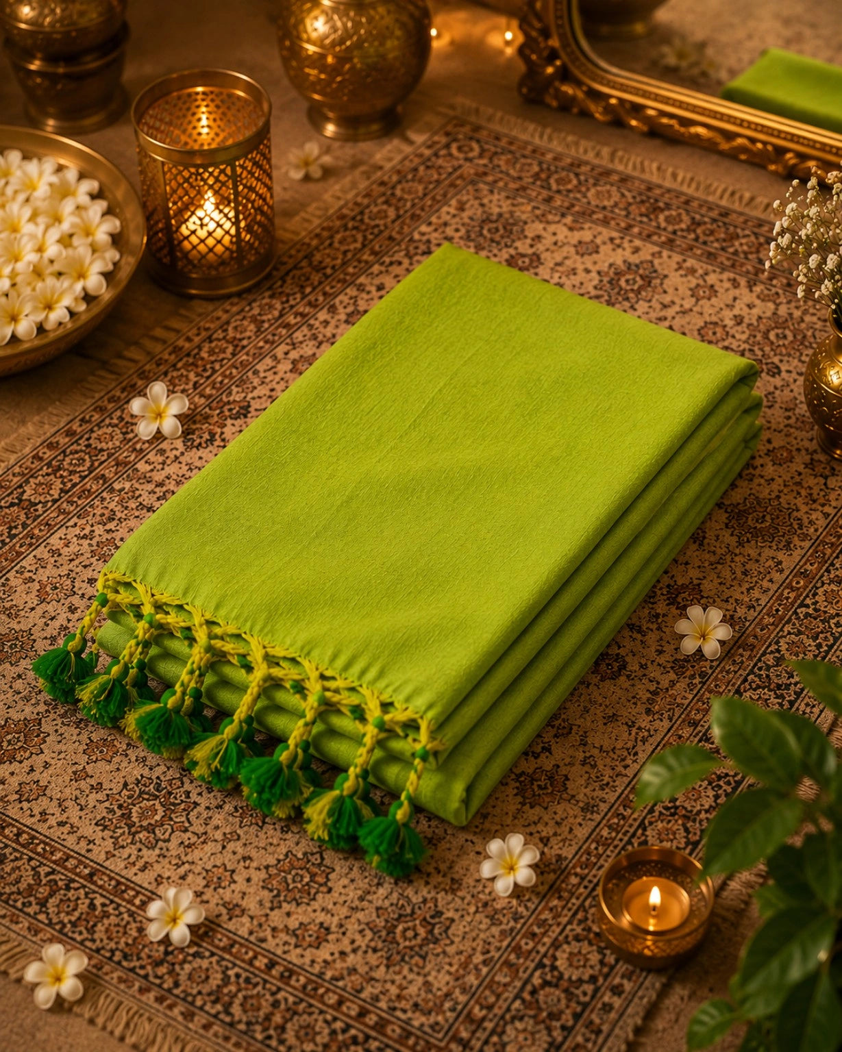 Lime Green Cotton Khadi Saree with Handcrafted Tassel Pallu