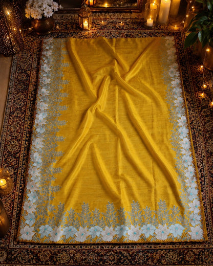 Mustard Yellow Pure Tussar Cut Work Saree with White Floral Border Embroidery