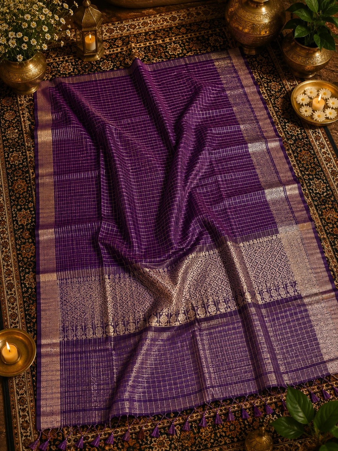 Royal Purple Mangalgiri Check Saree with Silver Zari Woven Border & Traditional Pallu