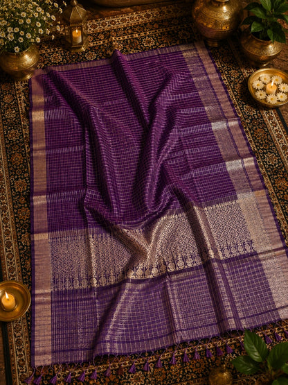 Royal Purple Mangalgiri Check Saree with Silver Zari Woven Border & Traditional Pallu
