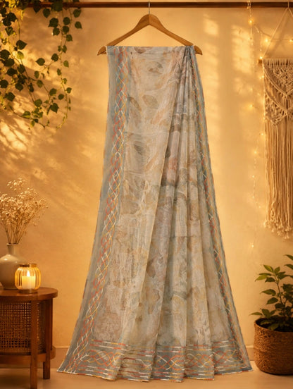 Grey Blue Tissue Embroidery Saree with Abstract Floral Print and Multicolor Embroidered Border