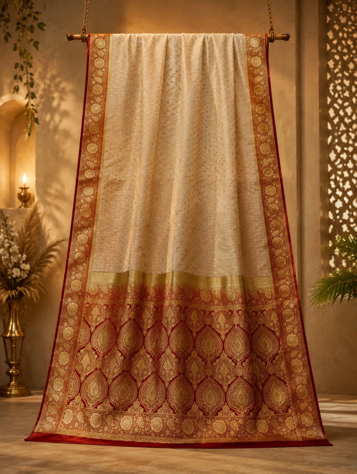 Pure Katan Banarasi Saree in Ivory White with Red & Gold Zari Floral Border and Ornate Banarasi Pallu