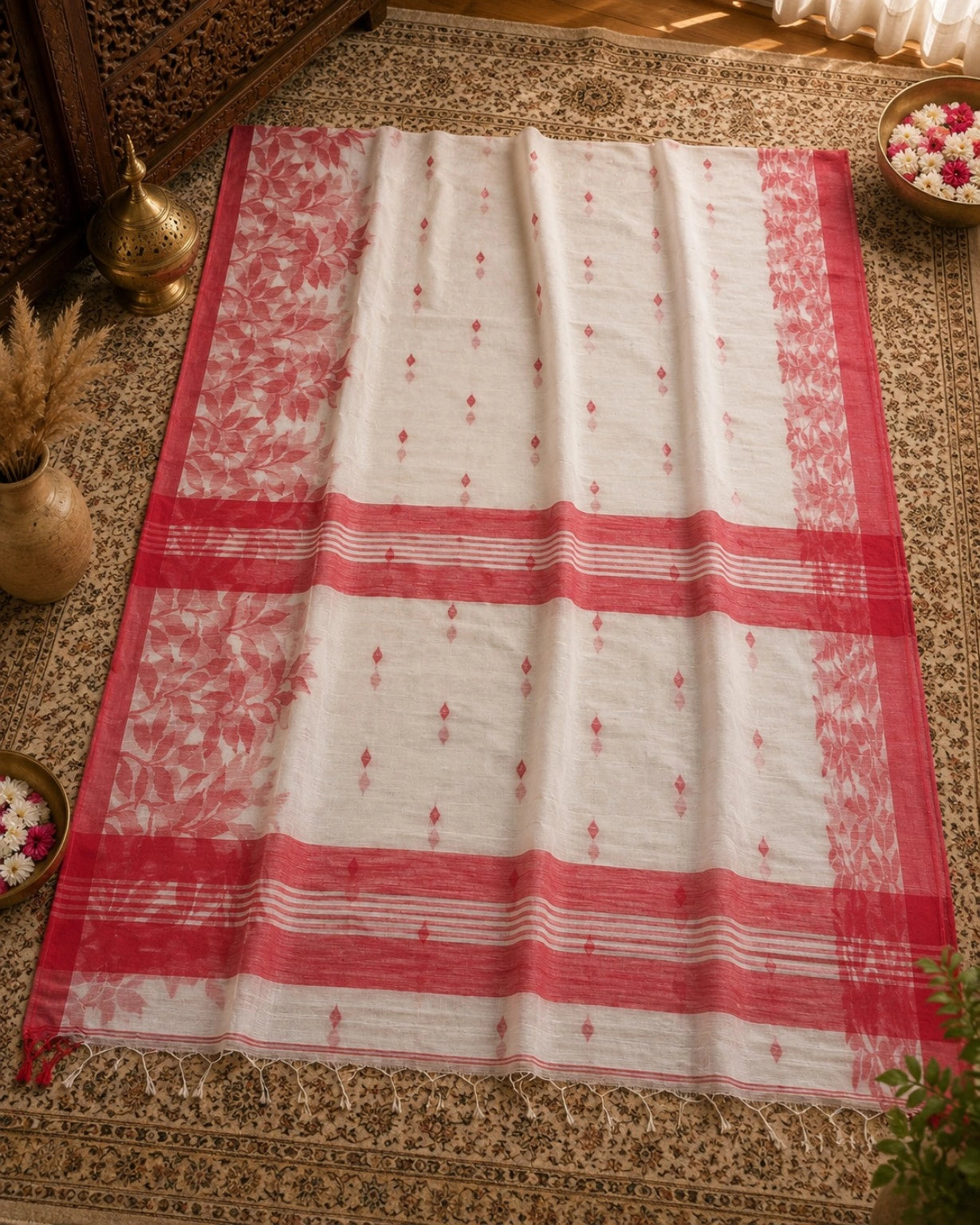 WEVOW White & Coral Pink Linen Jamdani Saree with Floral Leaf Border Design