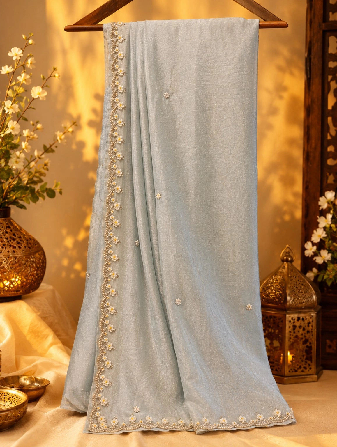 Ice Blue Fandy Crush Hand Work Saree with Floral Beaded Border