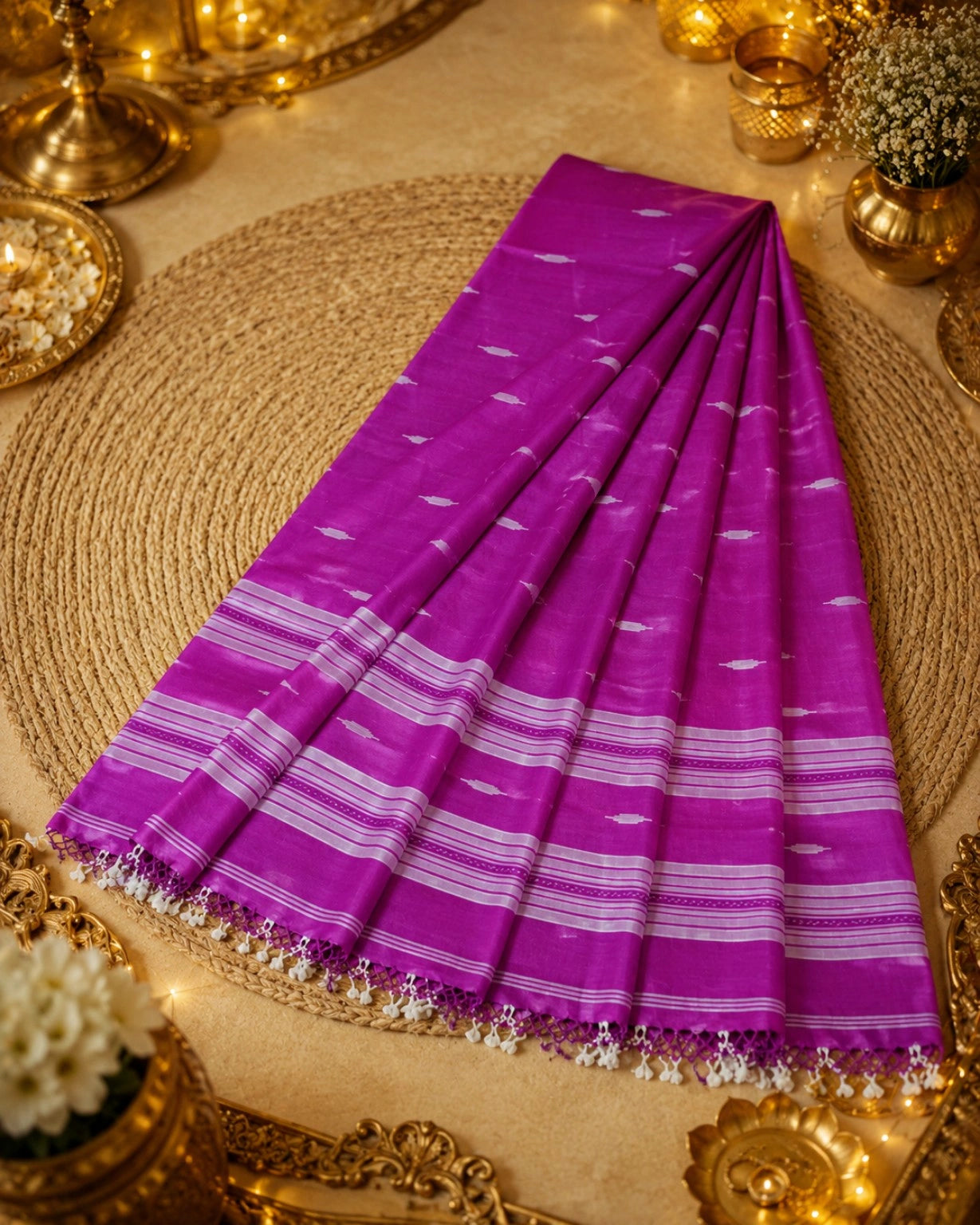 Magenta Pure Mul Cotton Hand Weaving Jamdani Buta Saree with White Woven Motifs