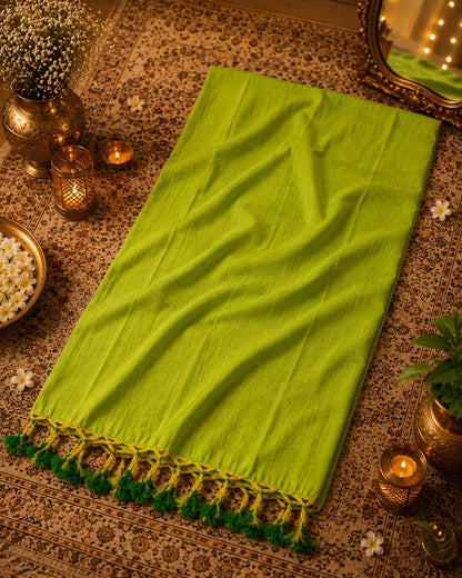 Lime Green Cotton Khadi Saree with Handcrafted Tassel Pallu