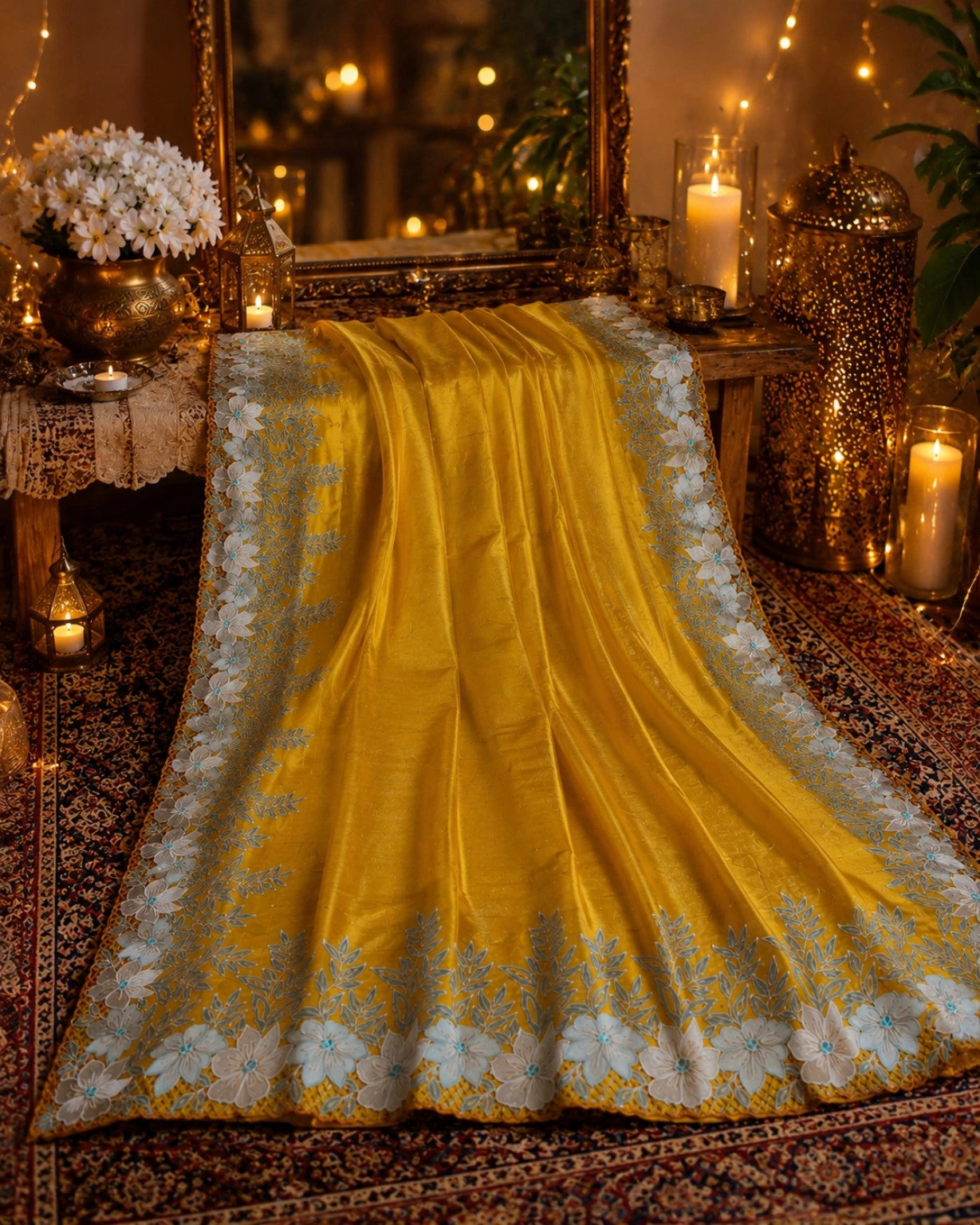 Mustard Yellow Pure Tussar Cut Work Saree with White Floral Border Embroidery