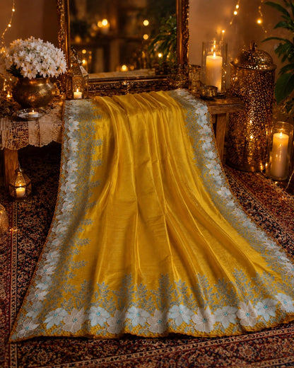 Mustard Yellow Pure Tussar Cut Work Saree with White Floral Border Embroidery