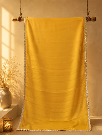 Mustard Yellow Fandy Crush Saree with Decorative Silver Scallop Border