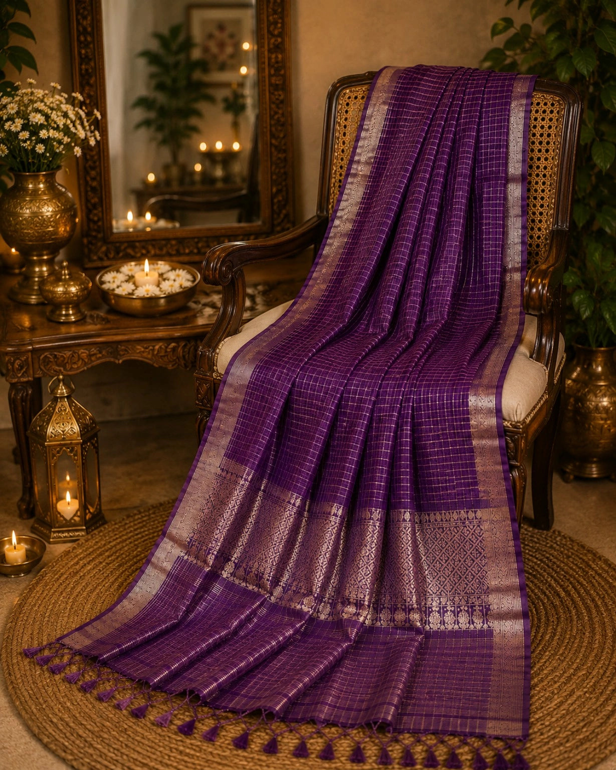 Royal Purple Mangalgiri Check Saree with Silver Zari Woven Border & Traditional Pallu