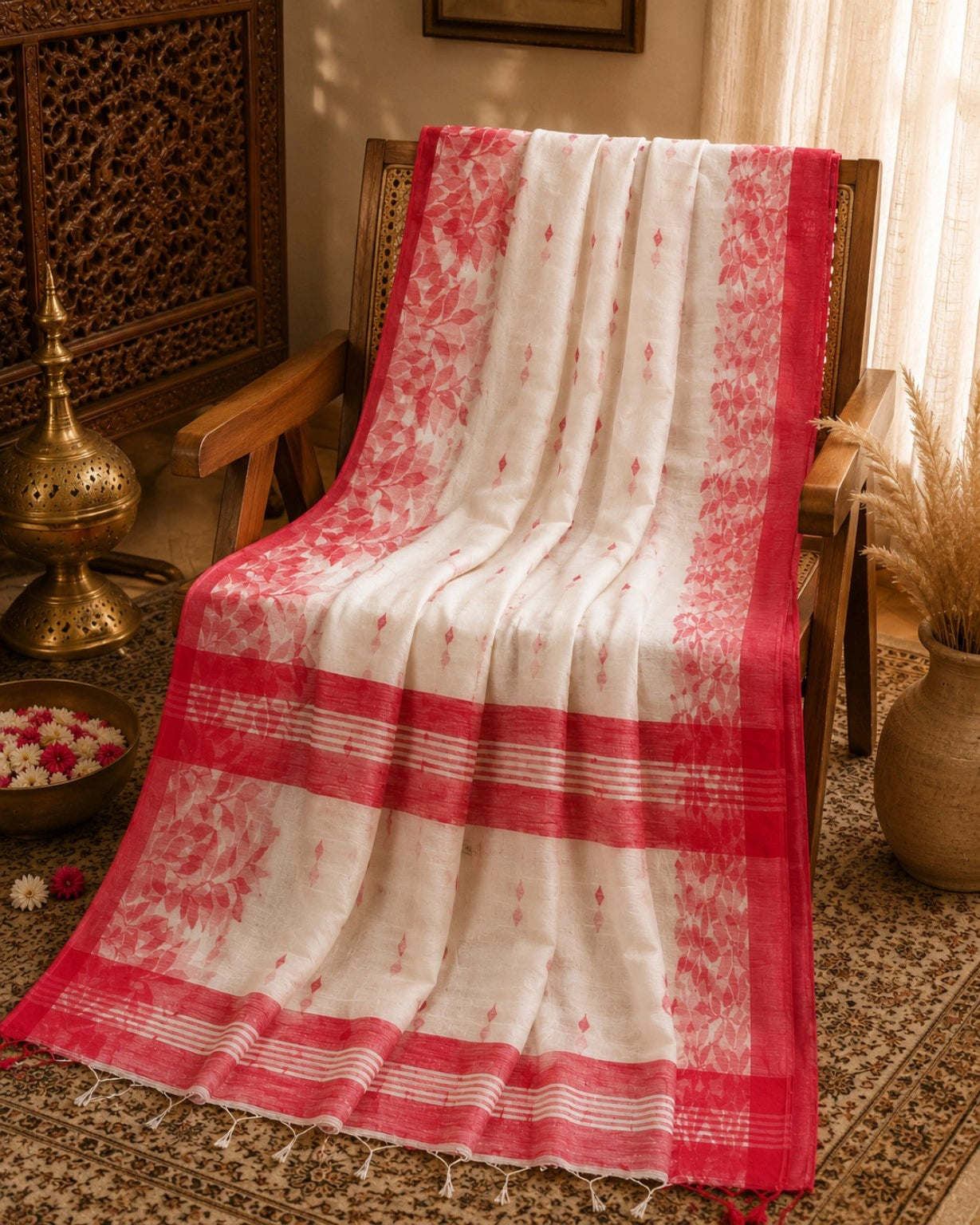 WEVOW White & Coral Pink Linen Jamdani Saree with Floral Leaf Border Design
