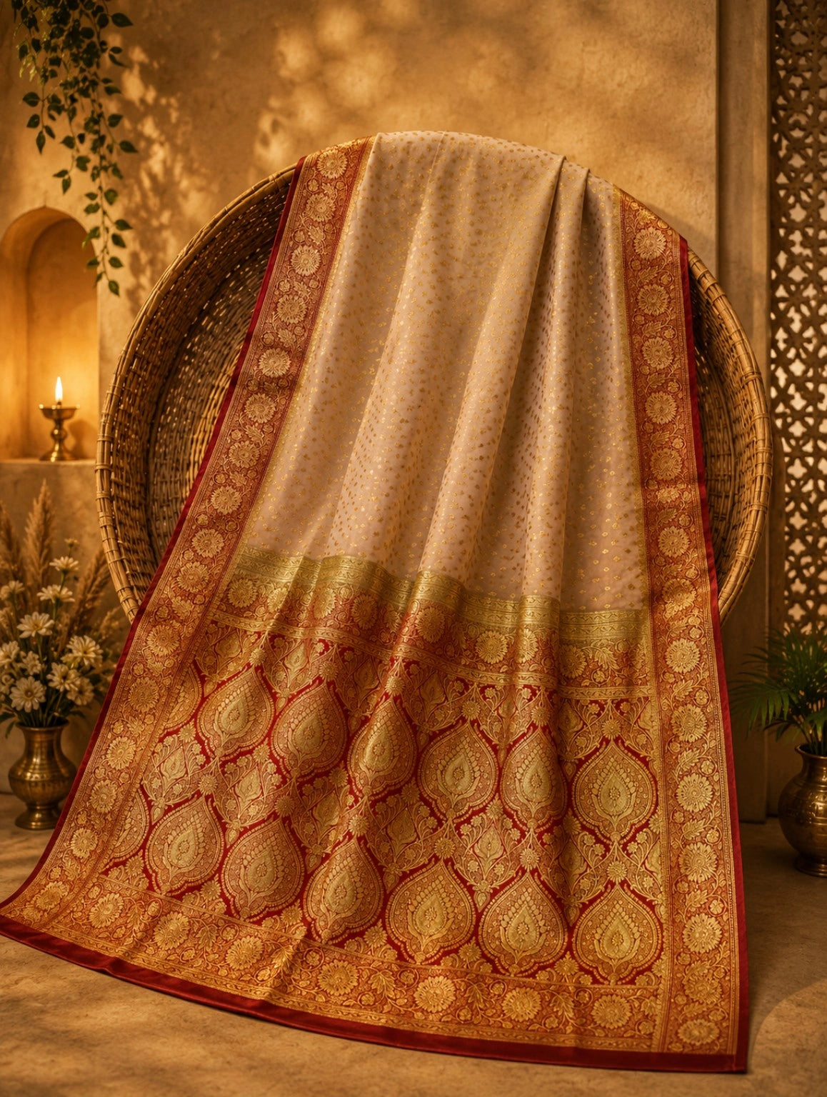 Pure Katan Banarasi Saree in Ivory White with Red & Gold Zari Floral Border and Ornate Banarasi Pallu