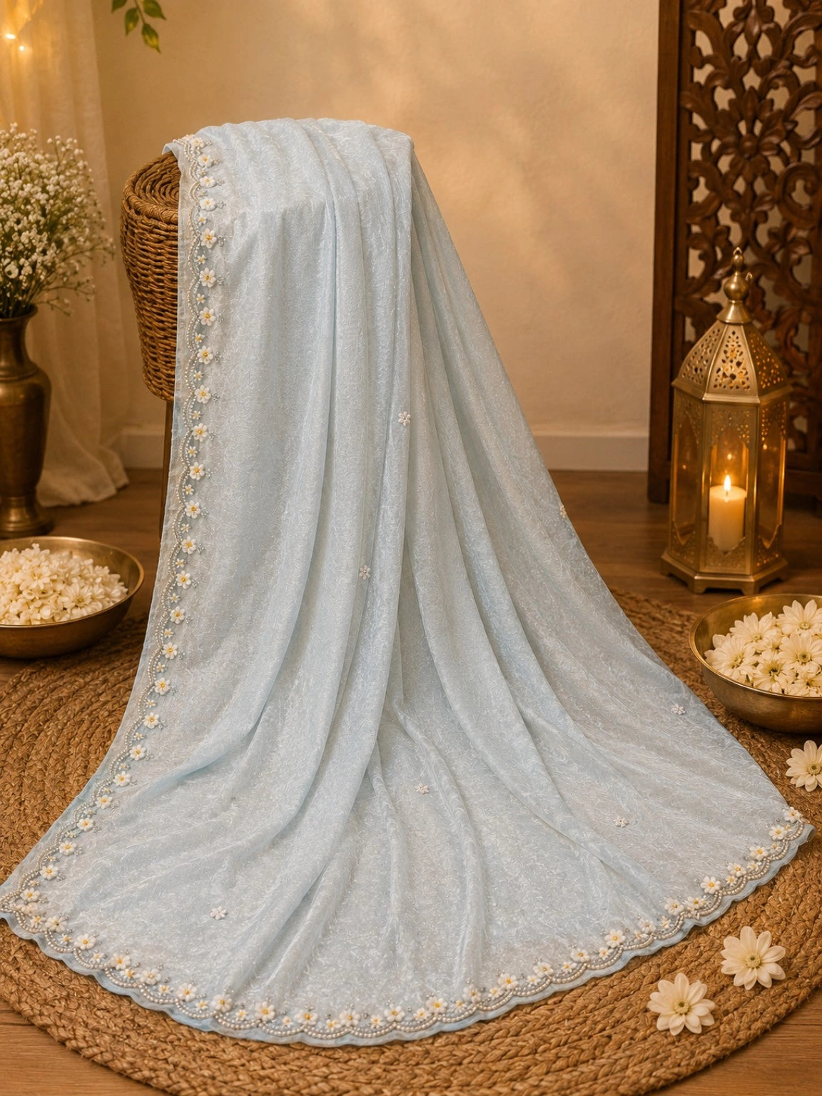 Ice Blue Fandy Crush Hand Work Saree with Floral Beaded Border