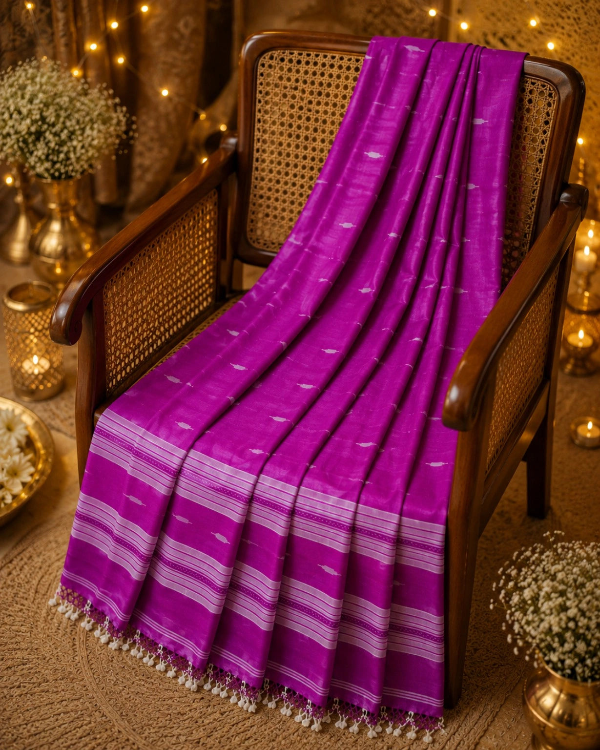 Magenta Pure Mul Cotton Hand Weaving Jamdani Buta Saree with White Woven Motifs