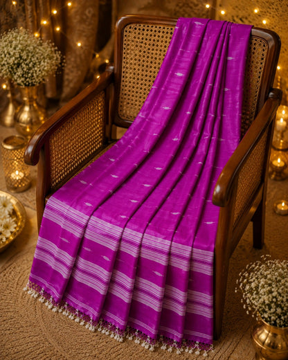Magenta Pure Mul Cotton Hand Weaving Jamdani Buta Saree with White Woven Motifs