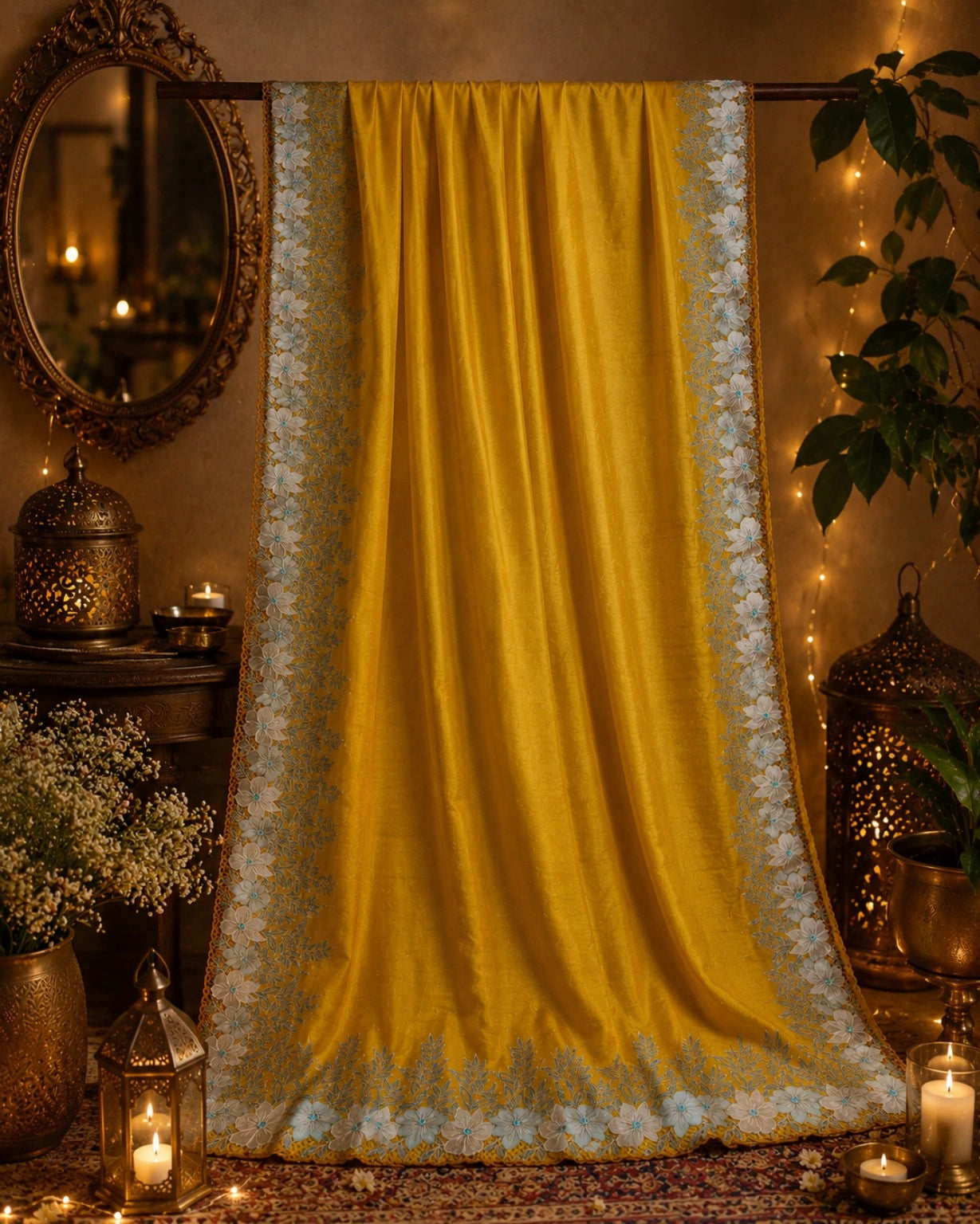 Mustard Yellow Pure Tussar Cut Work Saree with White Floral Border Embroidery