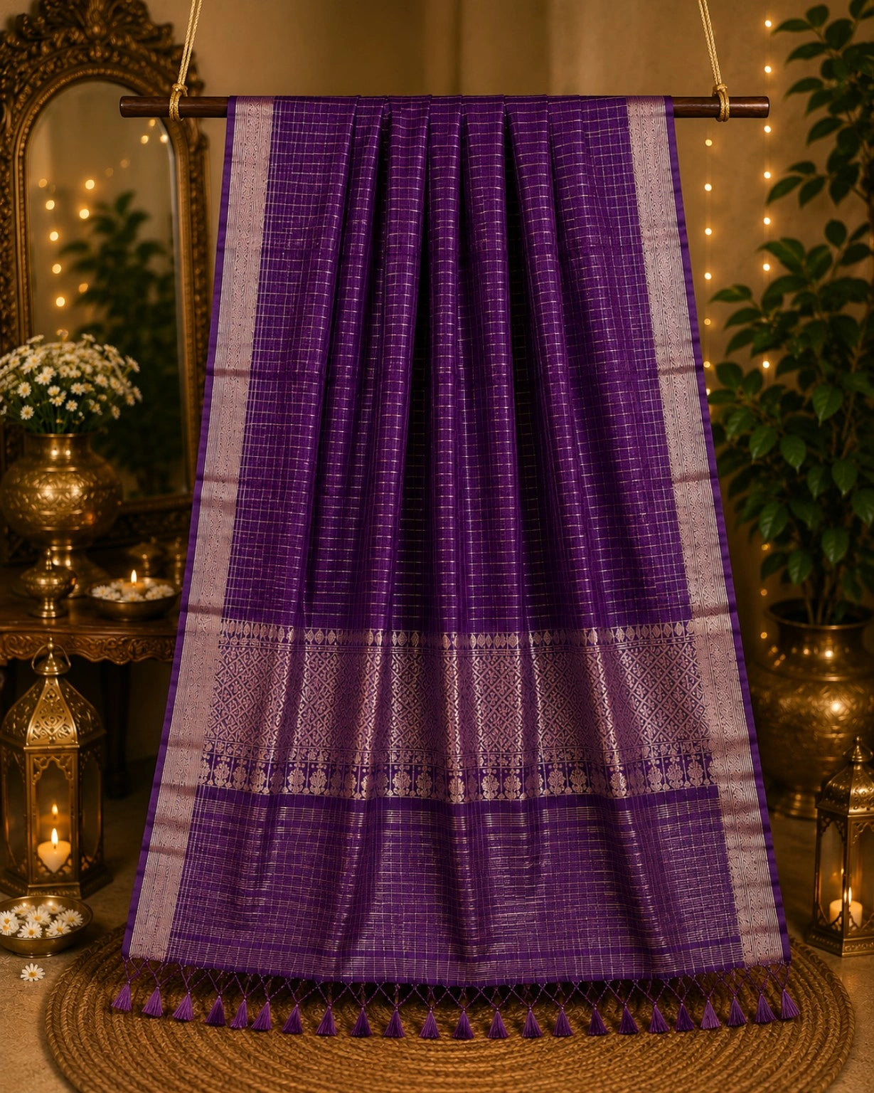 Royal Purple Mangalgiri Check Saree with Silver Zari Woven Border & Traditional Pallu
