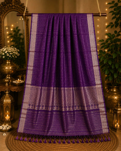 Royal Purple Mangalgiri Check Saree with Silver Zari Woven Border & Traditional Pallu