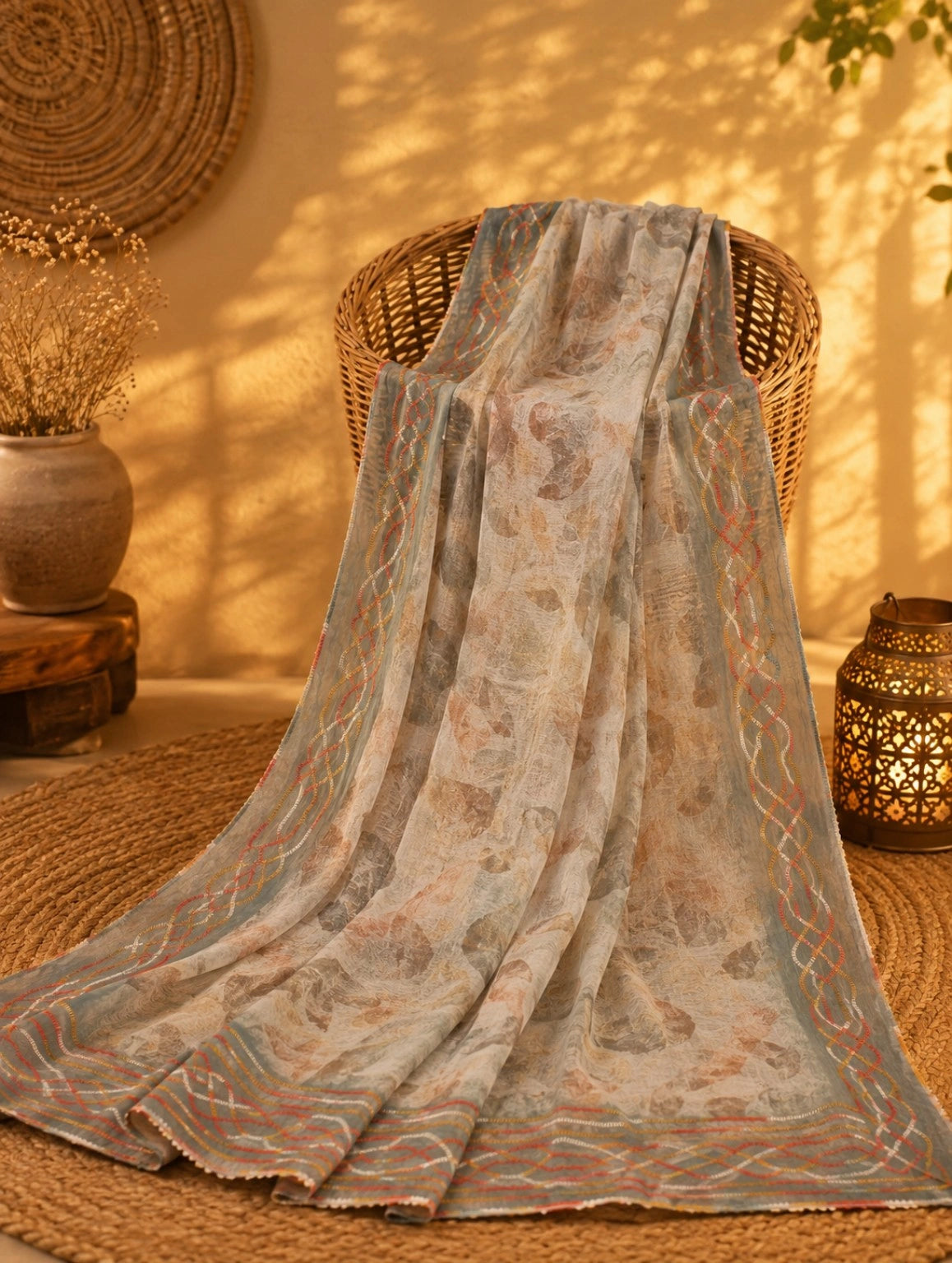 Grey Blue Tissue Embroidery Saree with Abstract Floral Print and Multicolor Embroidered Border