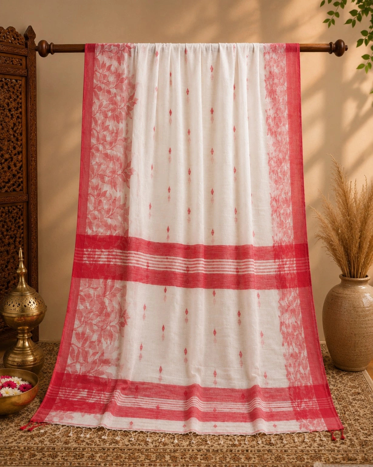 WEVOW White & Coral Pink Linen Jamdani Saree with Floral Leaf Border Design