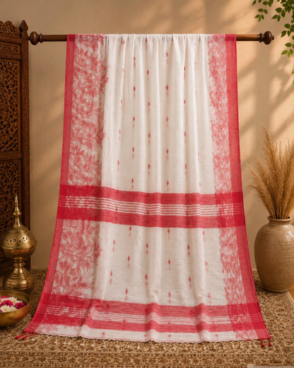 WEVOW White & Coral Pink Linen Jamdani Saree with Floral Leaf Border Design