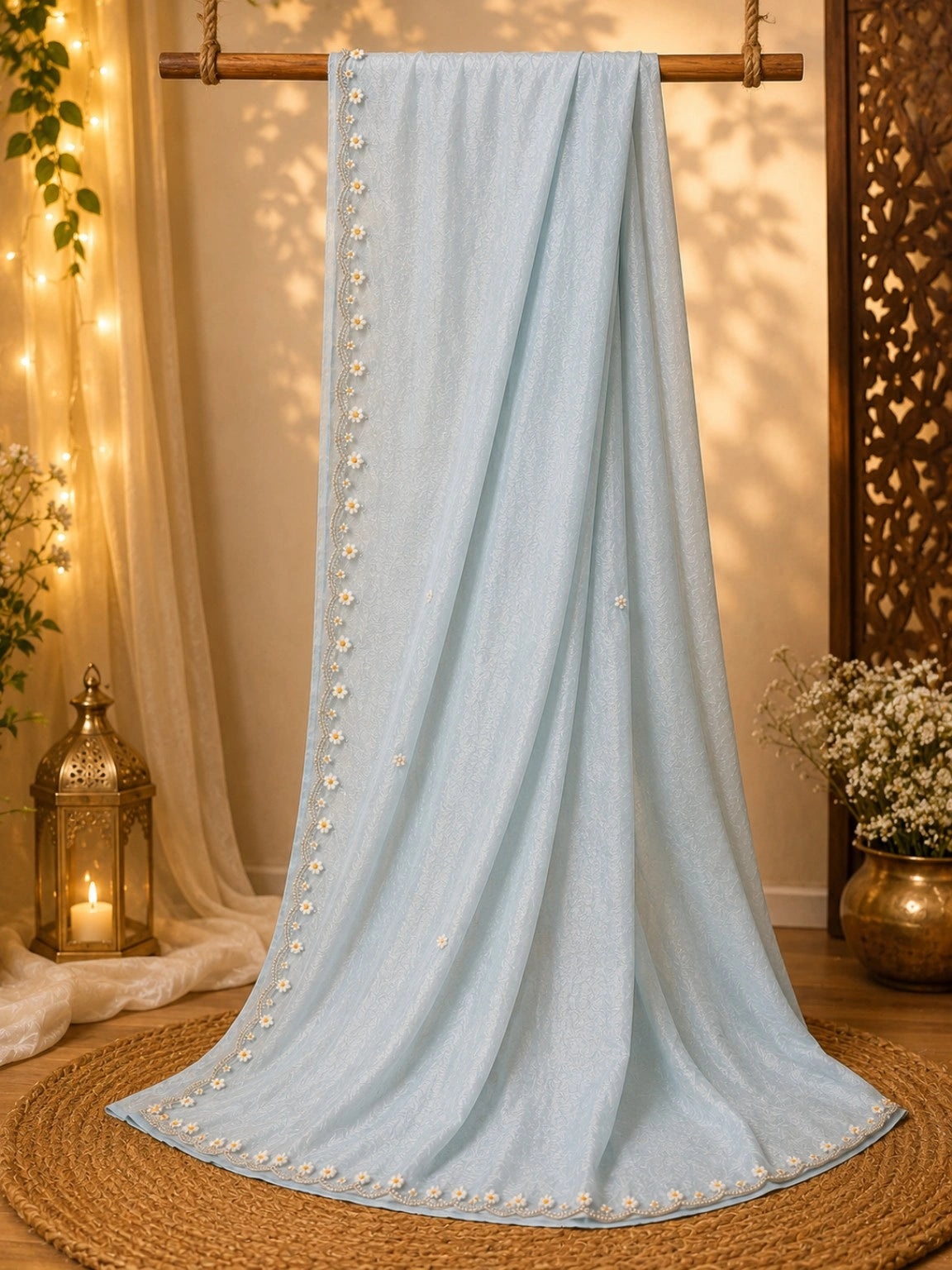 Ice Blue Fandy Crush Hand Work Saree with Floral Beaded Border