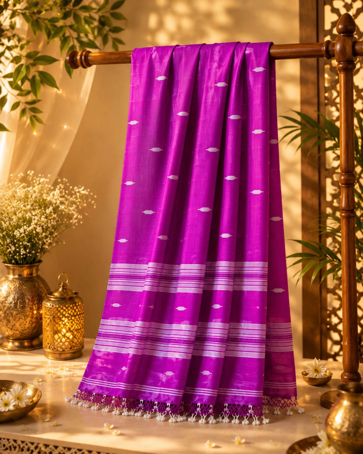 Magenta Pure Mul Cotton Hand Weaving Jamdani Buta Saree with White Woven Motifs