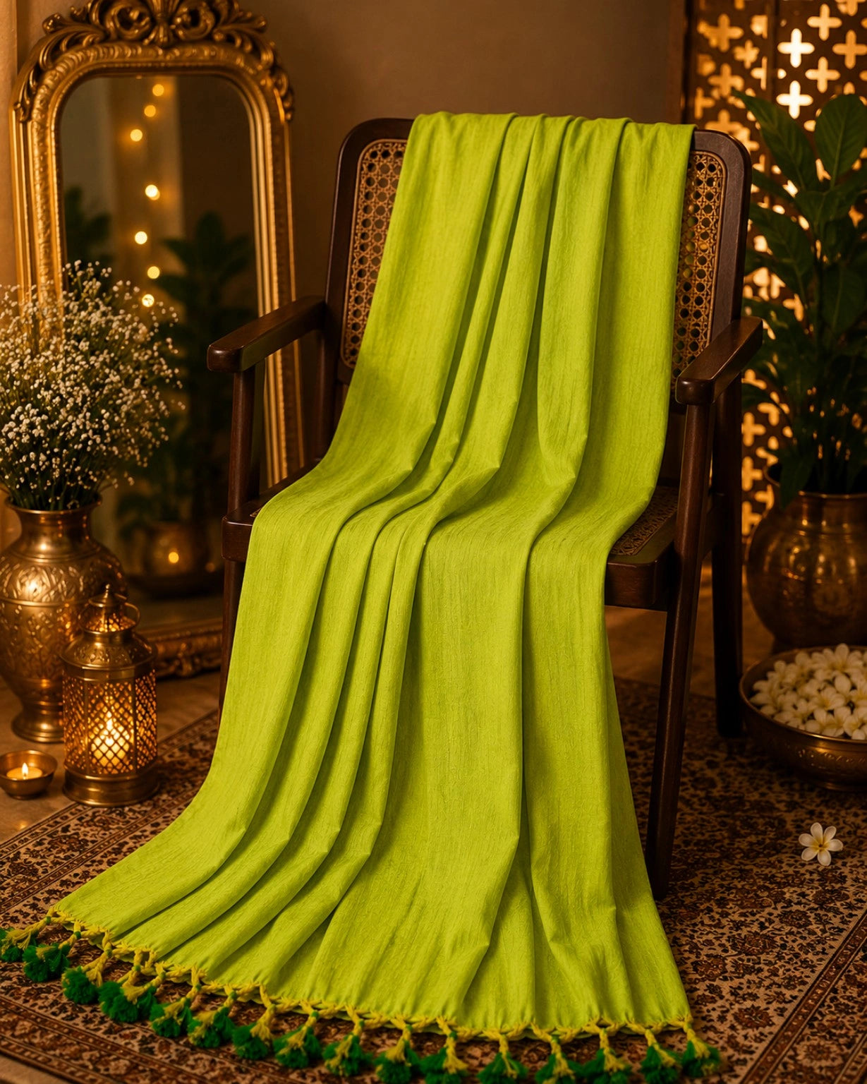 Lime Green Cotton Khadi Saree with Handcrafted Tassel Pallu