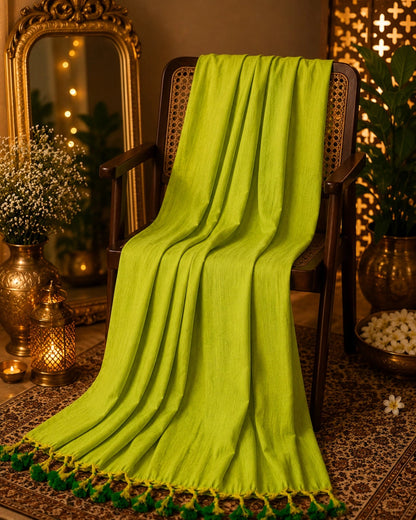 Lime Green Cotton Khadi Saree with Handcrafted Tassel Pallu