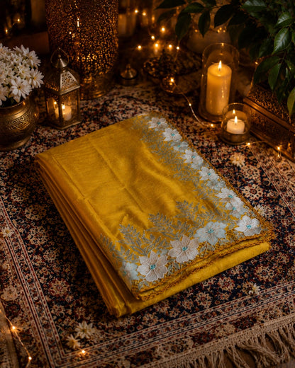 Mustard Yellow Pure Tussar Cut Work Saree with White Floral Border Embroidery