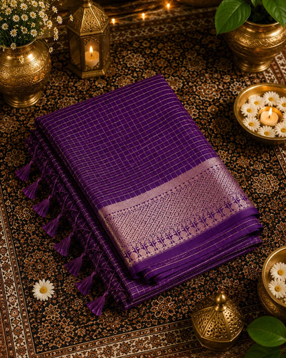 Royal Purple Mangalgiri Check Saree with Silver Zari Woven Border & Traditional Pallu