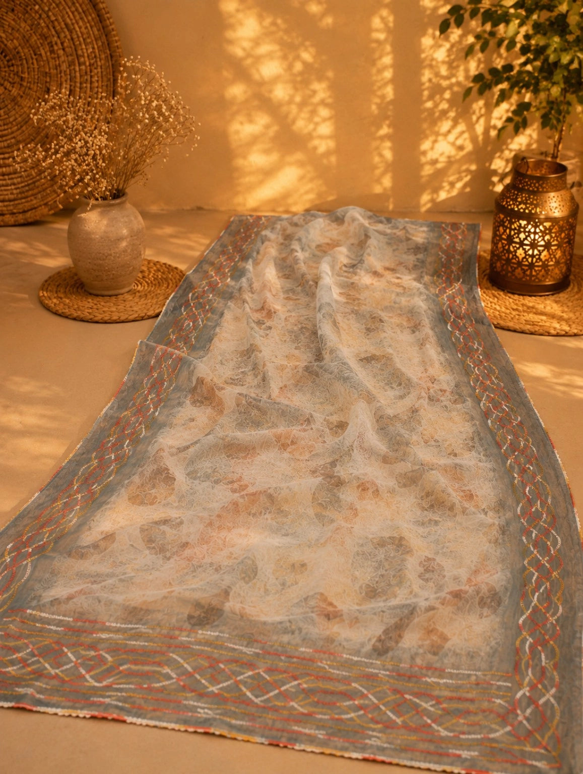 Grey Blue Tissue Embroidery Saree with Abstract Floral Print and Multicolor Embroidered Border