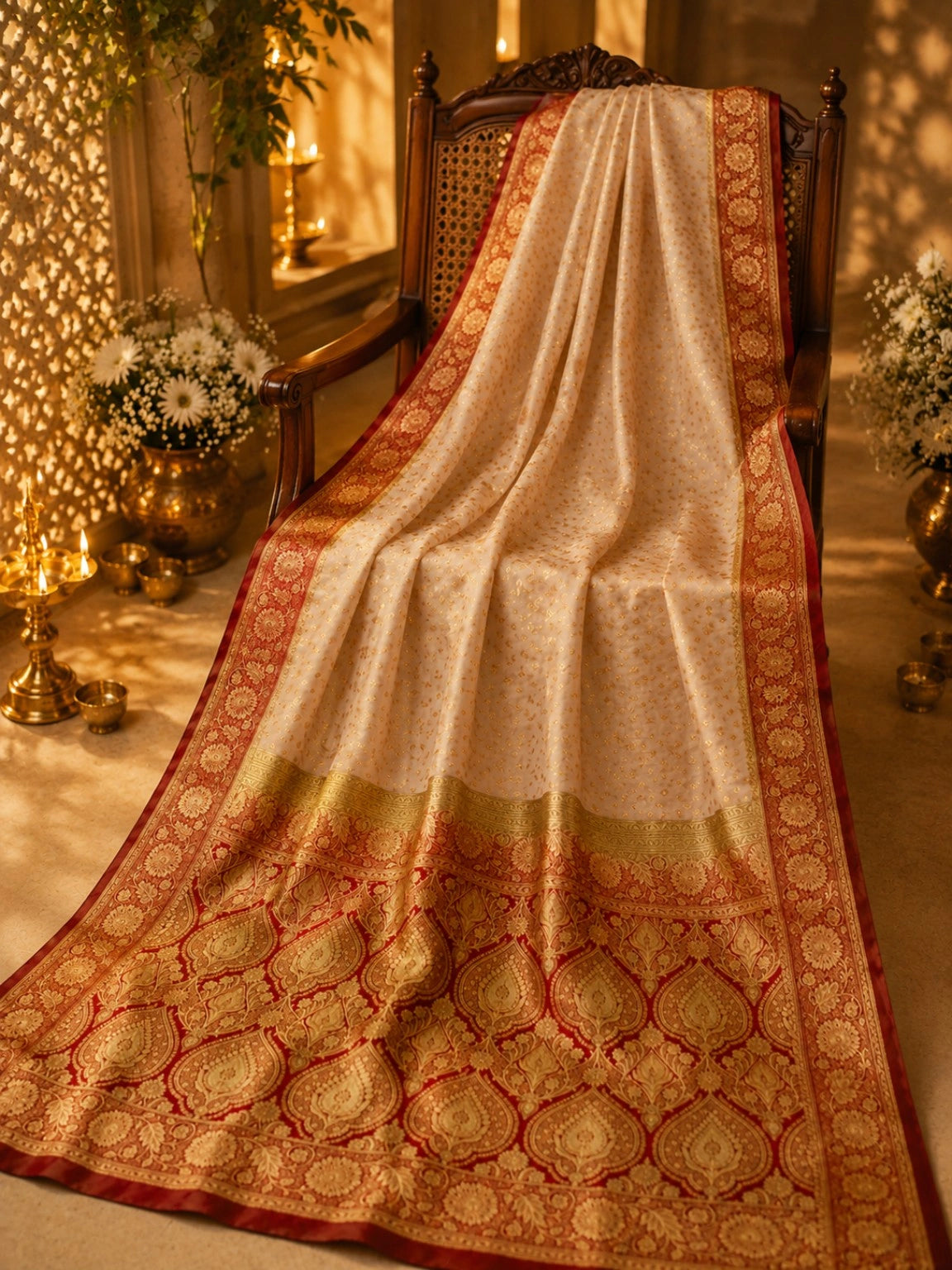 Pure Katan Banarasi Saree in Ivory White with Red & Gold Zari Floral Border and Ornate Banarasi Pallu