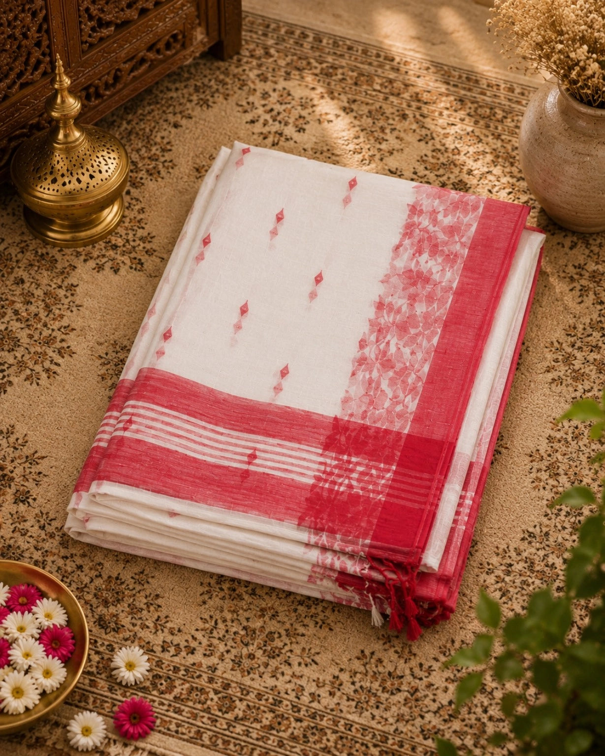 WEVOW White & Coral Pink Linen Jamdani Saree with Floral Leaf Border Design
