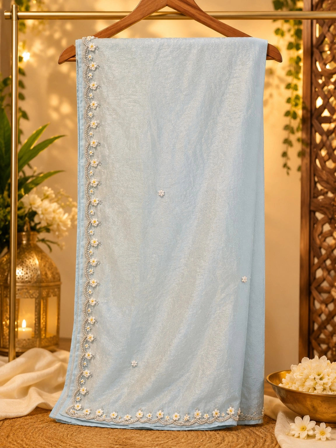 Ice Blue Fandy Crush Hand Work Saree with Floral Beaded Border