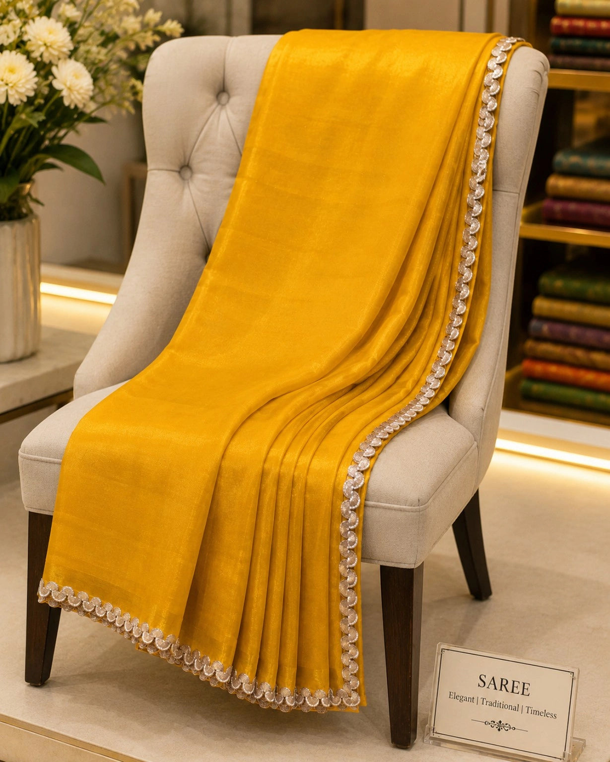 Mustard Yellow Fandy Crush Saree with Decorative Silver Scallop Border