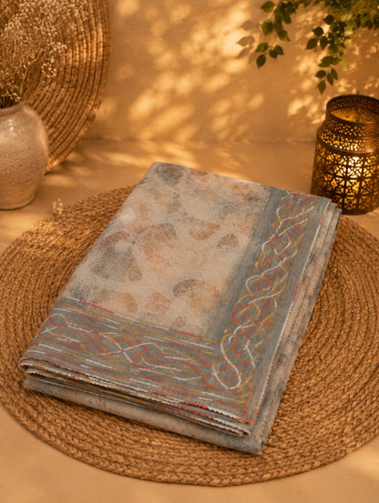 Grey Blue Tissue Embroidery Saree with Abstract Floral Print and Multicolor Embroidered Border