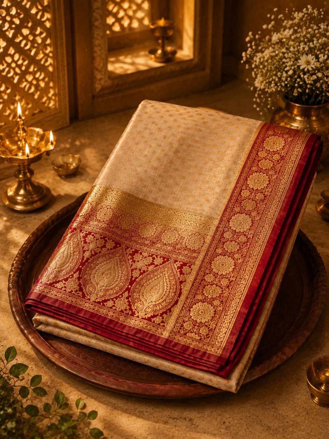 Pure Katan Banarasi Saree in Ivory White with Red & Gold Zari Floral Border and Ornate Banarasi Pallu