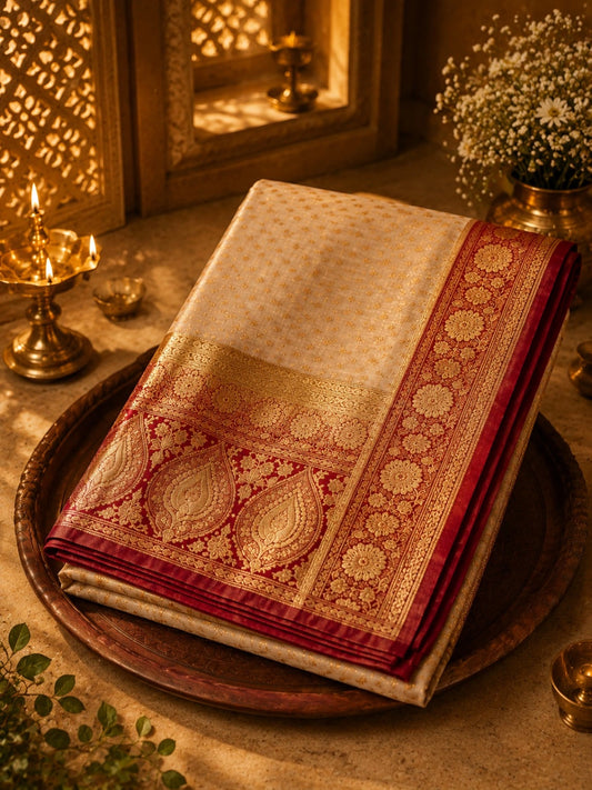 Pure Katan Banarasi Saree in Ivory White with Red & Gold Zari Floral Border and Ornate Banarasi Pallu