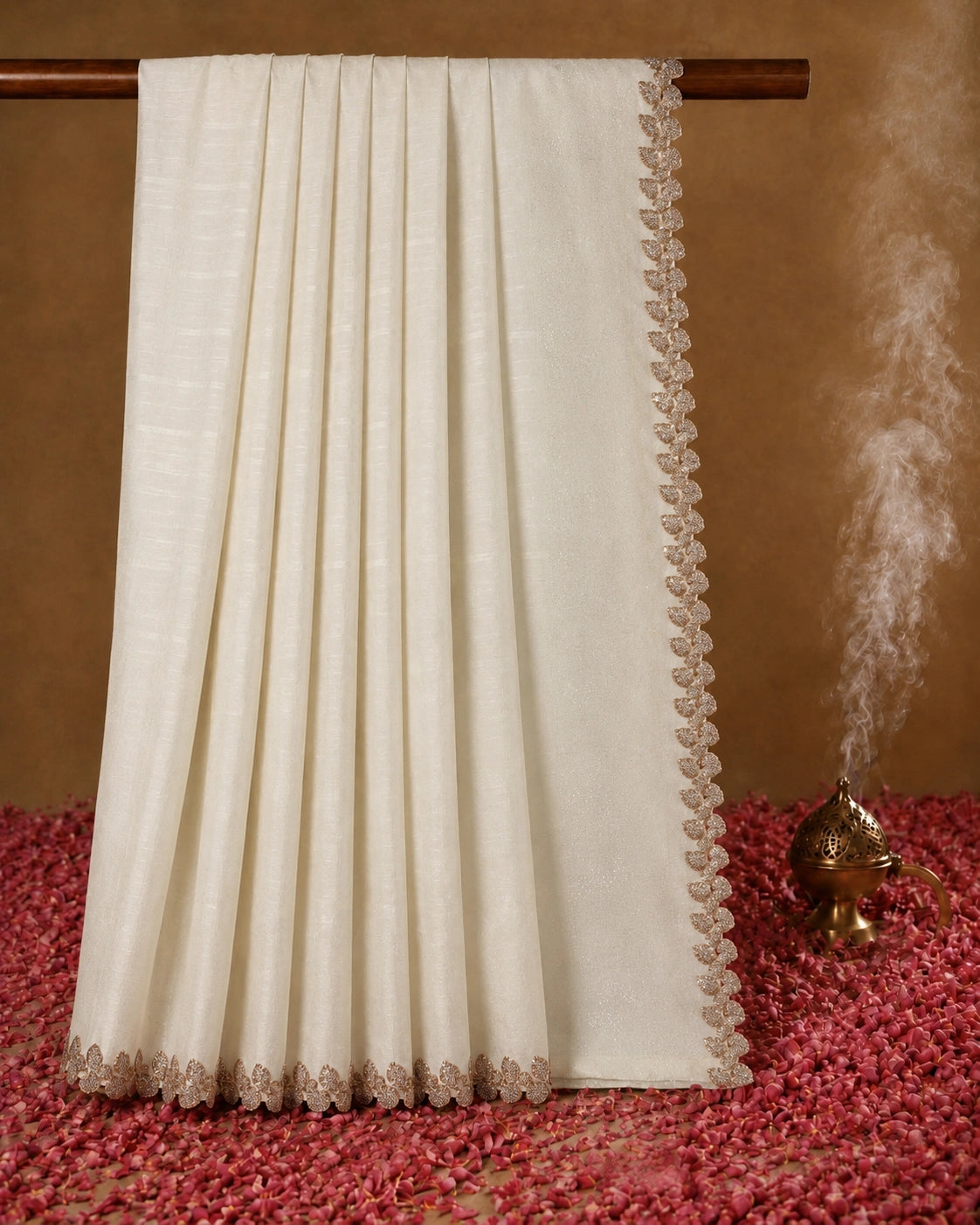 Off White Jimmy Choo Saree with Shimmer Finish and Embellished Floral Border Party Wear Saree