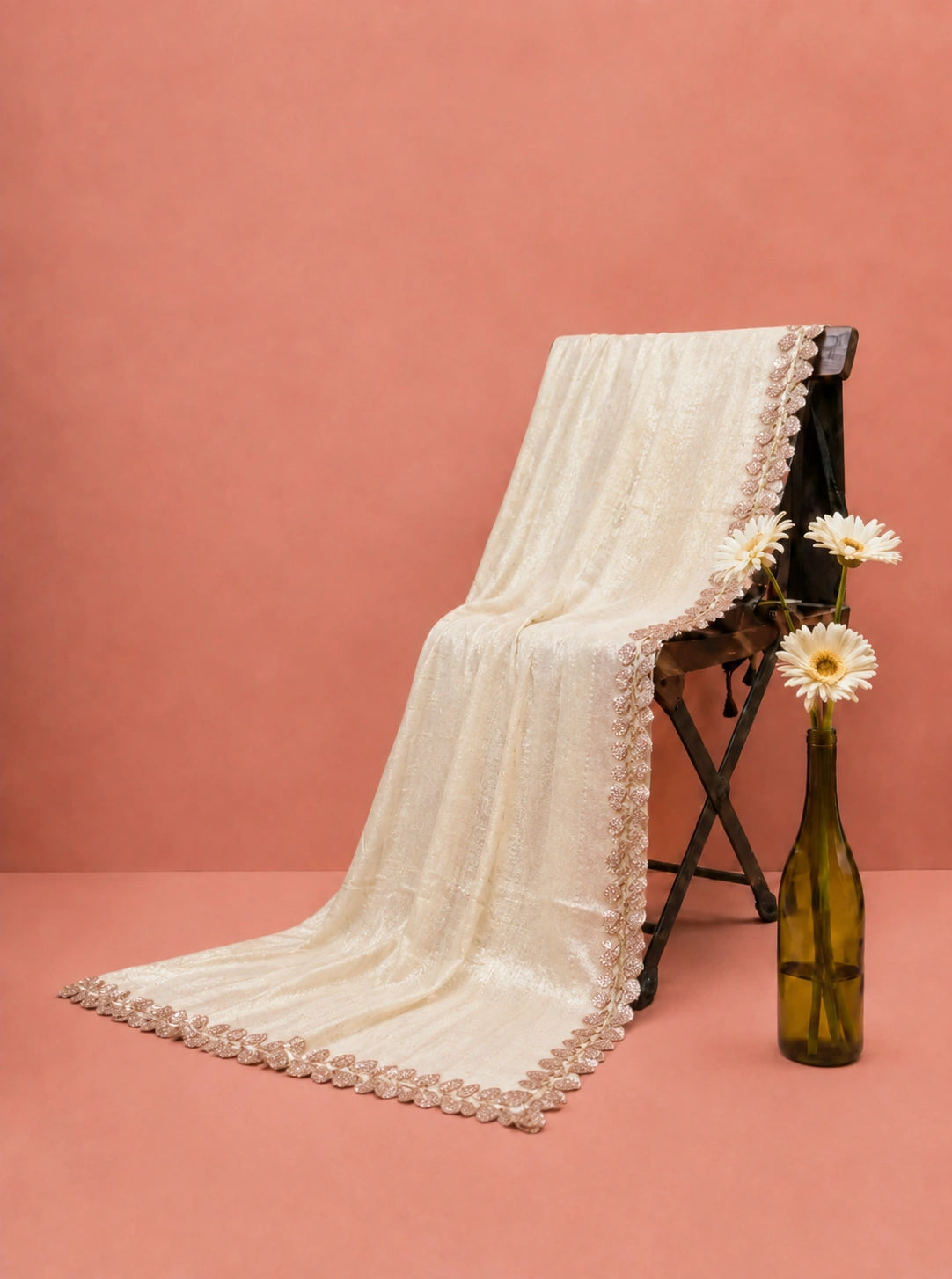 Off White Jimmy Choo Saree with Shimmer Finish and Embellished Floral Border Party Wear Saree