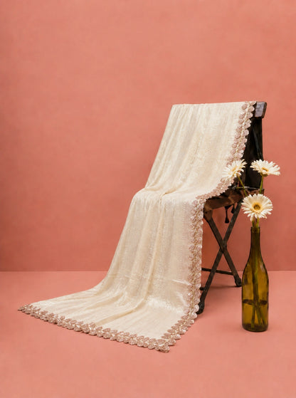 Off White Jimmy Choo Saree with Shimmer Finish and Embellished Floral Border Party Wear Saree