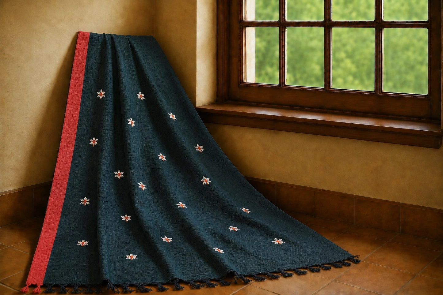 Deep Teal Cotton Handloom Saree with Floral Buti Motifs, Maroon Border & Tassel Pallu