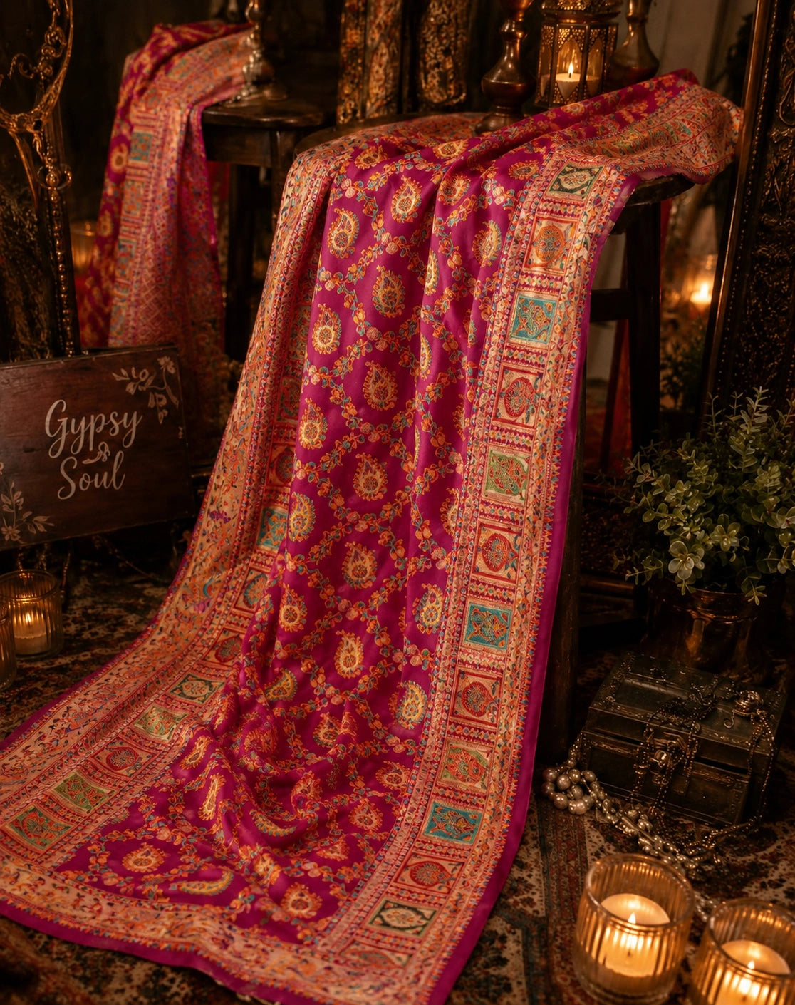 Fuchsia Pink Pure Mashru Kani Silk Saree with Paisley Motifs & Intricate Multicolor Kani Border