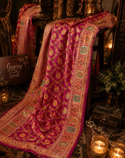 Fuchsia Pink Pure Mashru Kani Silk Saree with Paisley Motifs & Intricate Multicolor Kani Border