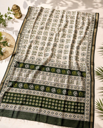 Dark Green Chanderi Cotton Printed Saree with Ethnic Floral & Geometric Border Design