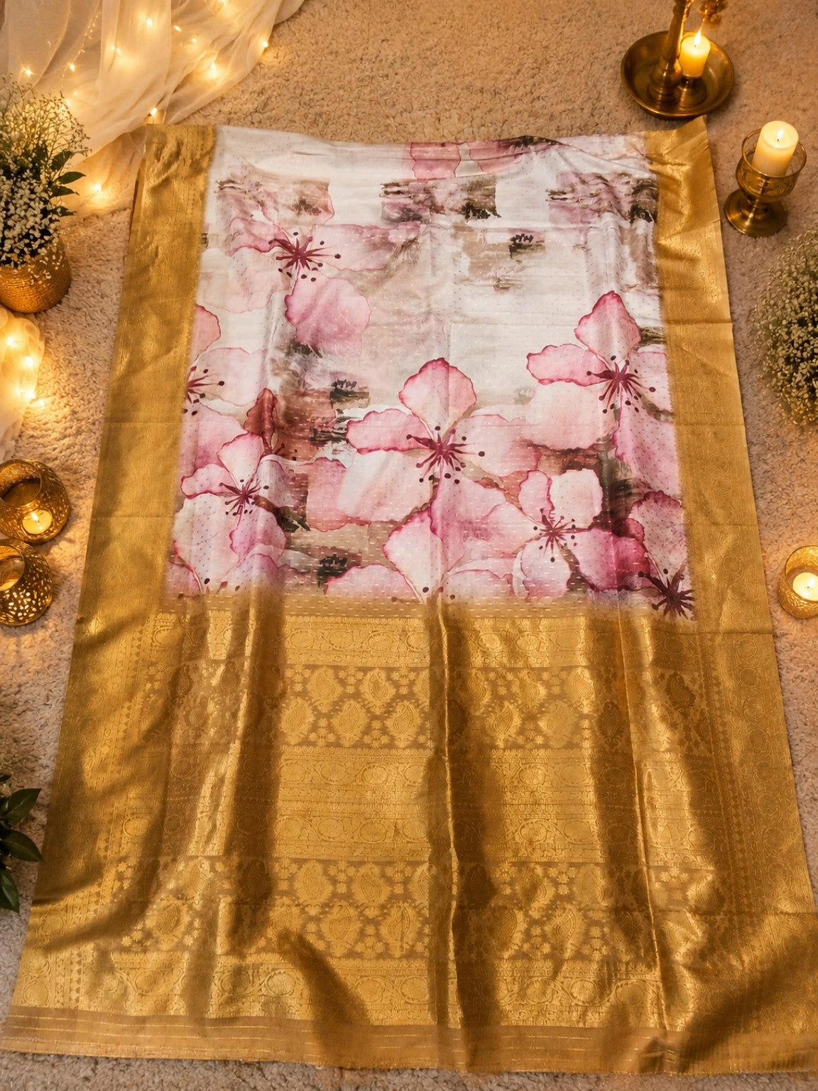 Georgette Digital Crepe Silk Saree with Pink Floral Print & Rich Golden Zari Border