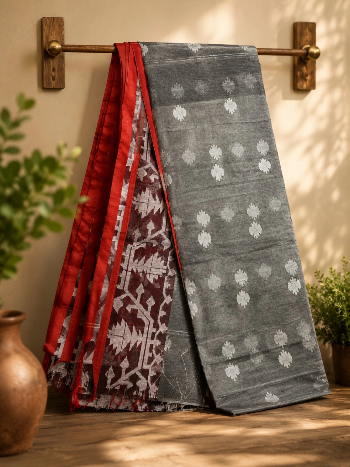 Charcoal Grey Jamdani Style Saree with White Floral Buti and Maroon Geometric Border