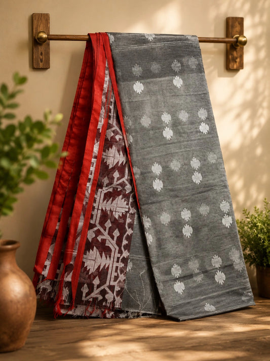 Charcoal Grey Jamdani Style Saree with White Floral Buti and Maroon Geometric Border